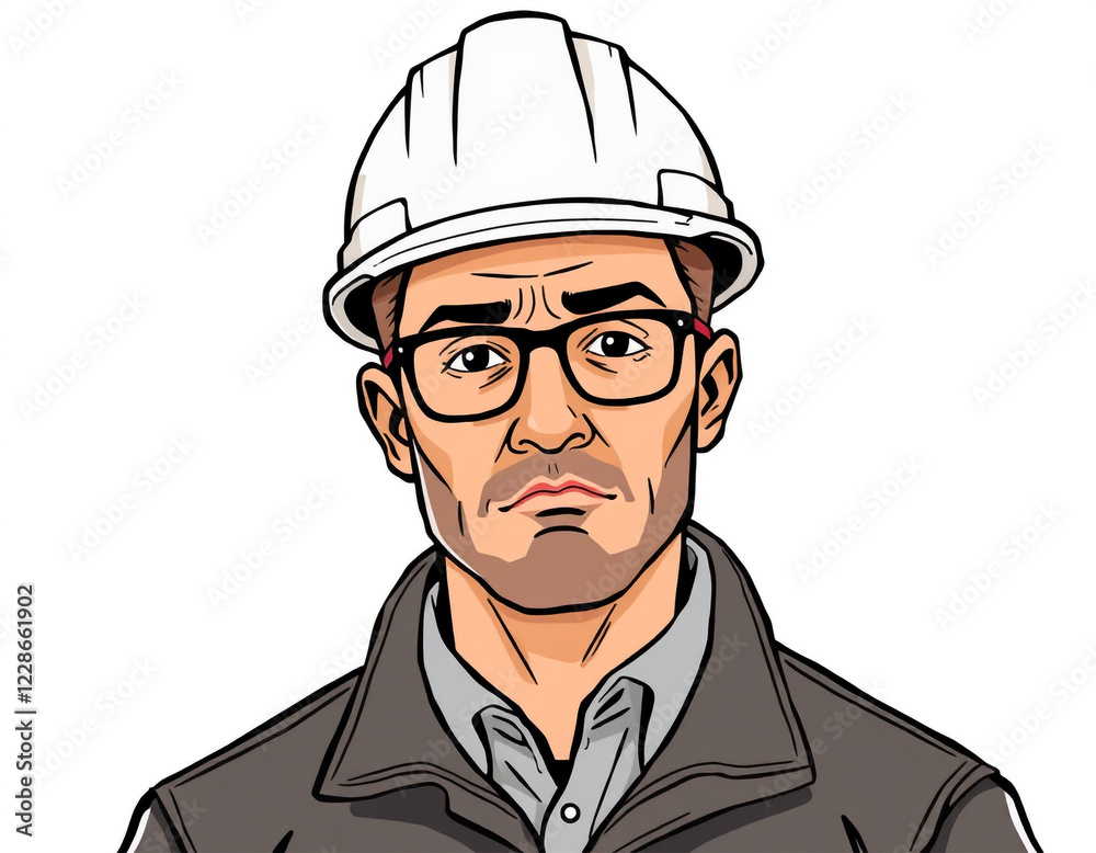 Illustration of an  Engineer in a White Hard Hat and Glasses
