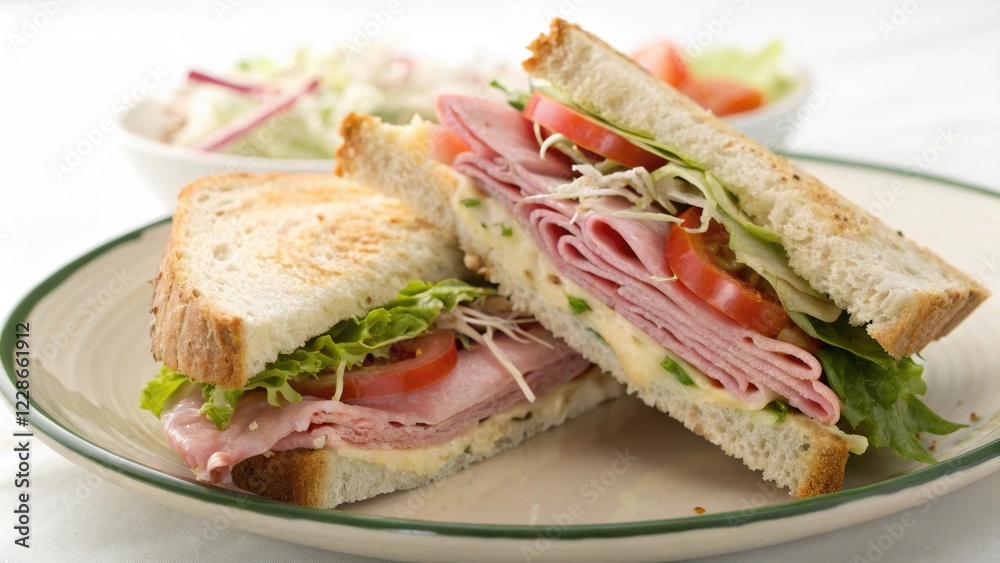 A delicious toasted sandwich filled with succulent ham, crisp lettuce, ripe tomato slices, and a creamy spread, served on a plate with a side salad.