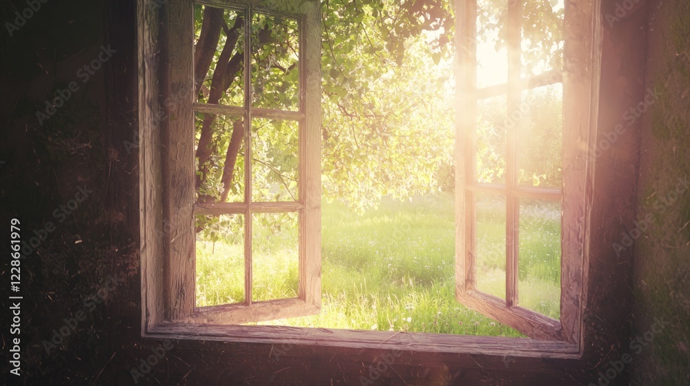 Dreamy Light Through Open Window Overlooking Orchard Landscape Dreamy Light Through Open Window Overlooking Orchard Landscape