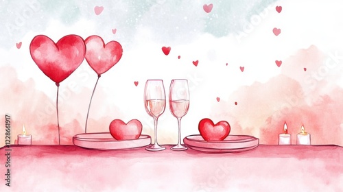 A romantic dining setup with heart-shaped decorations, champagne glasses, and candles, perfect for celebrating love and special occasions. photo