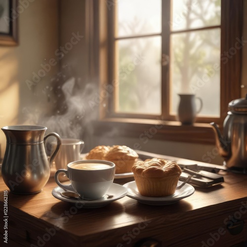 Wallpaper Mural Morning sunlight pours through the window onto a tranquil scene of a steaming cup of coffee and sweet pastry on a wooden sideboard, pastry, coffee, sunlight Torontodigital.ca