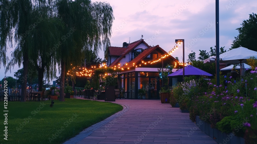 Evening Ambiance at Lakeside Restaurant with String Lights Evening Ambiance at Lakeside Restaurant with String Lights