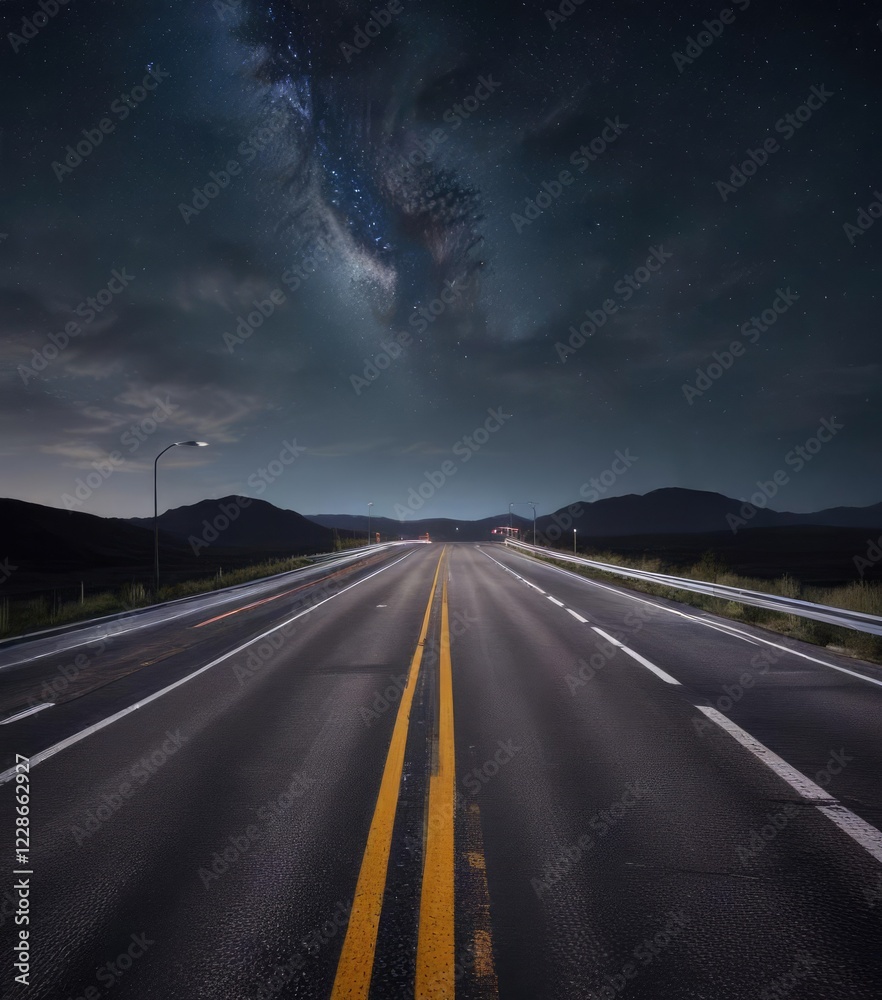 Fototapeta premium Nighttime photography of a deserted highway under starry sky, auopista torreon coahuila, nocturnal landscapes