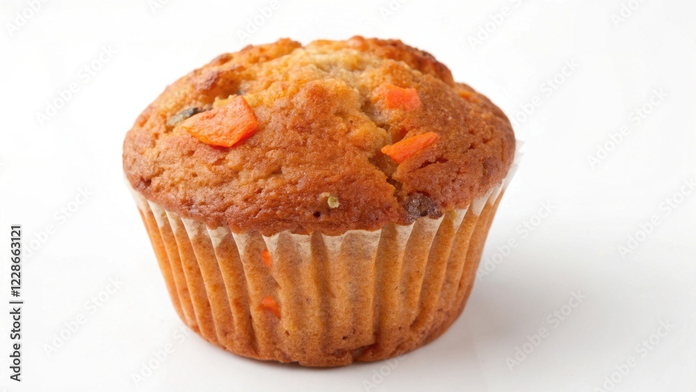 A delicious single serving of a golden-brown baked muffin with visible fruit pieces A delicious single serving of a golden-brown baked muffin with visible fruit pieces