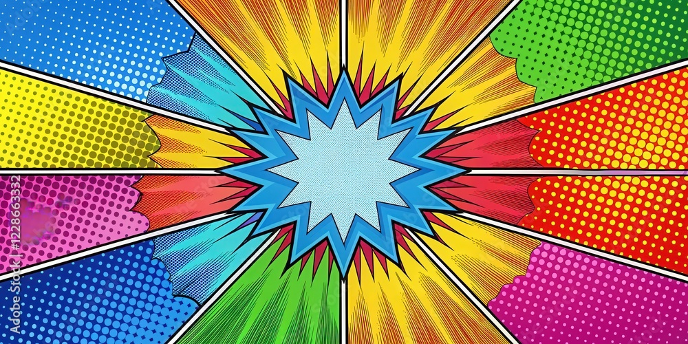 Fototapeta premium Colorful comic book strip style art with bold graphics and vibrant colors against a radial backdrop, bold lines, comic book pop art