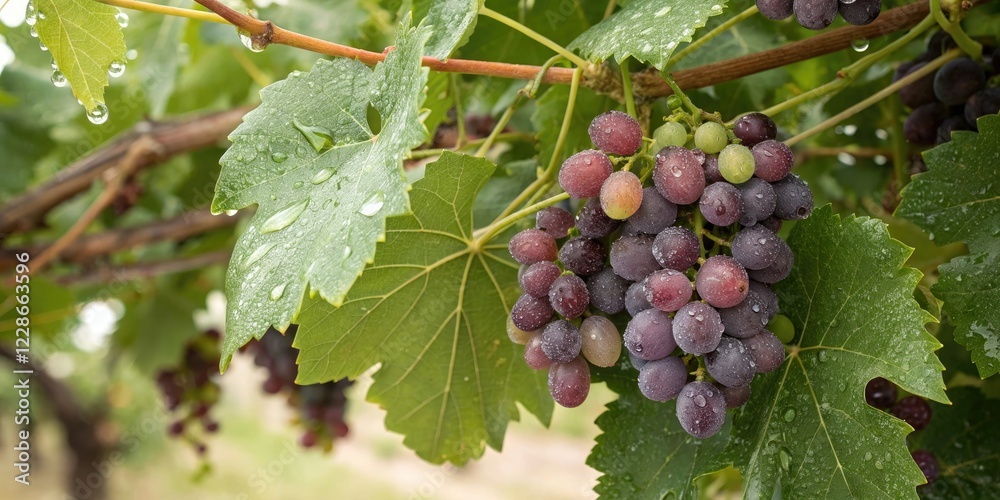 Overhead shot of a grapevine covered in sweet, juicy grapes and tiny water droplets hanging from the vines, summer crops, greenery, grapevine, farm fresh, dewy freshness Overhead shot of a grapevine covered in sweet, juicy grapes and tiny water droplets hanging from the vines, summer crops, greenery, grapevine, farm fresh, dewy freshness