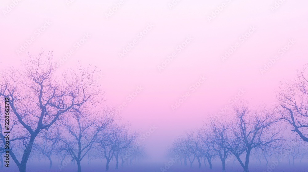 Obraz premium Minimalistic Tinted Orchard Landscape at Dusk with Sparse Trees