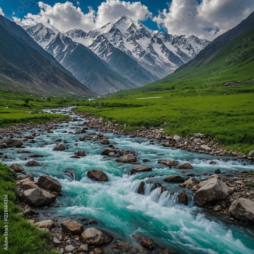 breathtaking image of Naran Valley emerald green meadow cascading waterfall snowcapped peak of Himalayas Khyber Pakhtunkhwa valley's pristine beauty serene atmosphere make paradise nature