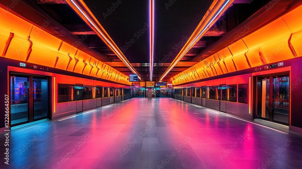 Wide-angle view of a vibrant subway station, glowing neon lights, motion blur from trains, and a sleek, polished design Wide-angle view of a vibrant subway station, glowing neon lights, motion blur from trains, and a sleek, polished design