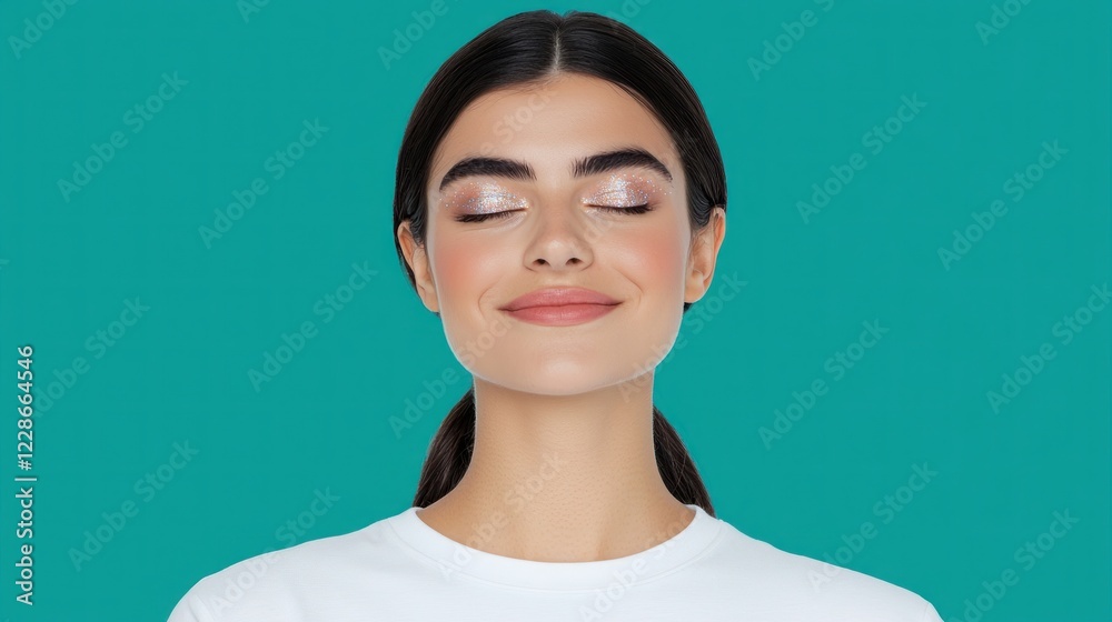 Smiling Woman with Glitter Makeup on Teal Background Smiling Woman with Glitter Makeup on Teal Background