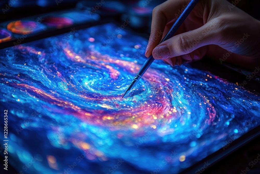 Obraz premium Digital Artist Creating Vibrant Surrealism Artwork on Tablet with Ethereal Lighting and Colorful Paint Splashes