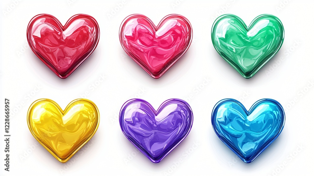 Six Glossy Heart Shapes in Red Pink Green Yellow Purple and Blue Colors on White Background. Six Glossy Heart Shapes in Red Pink Green Yellow Purple and Blue Colors on White Background.