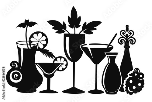 A black and white drawing of drinks and cocktails