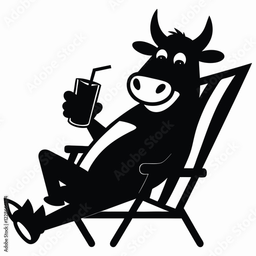Drawing of a bizarre cow chewing while reclining in a deckchair