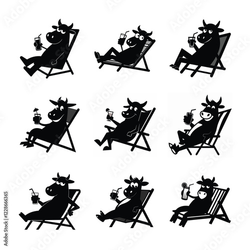 Drawing of an entertaining cow chewing while reclining in a deckchair