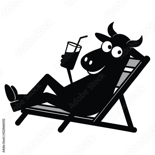 Drawing of a hilarious cow chewing while reclining in a deckchair