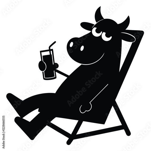 Cartoon of a comical cow drinking while reclining in a deckchair