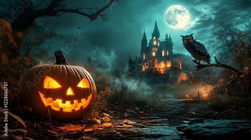 halloween pumpkin and haunted castle photo