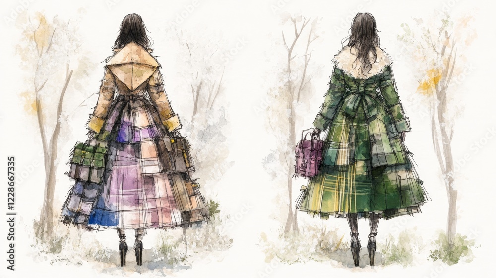Naklejka premium Fashion Illustration Autumnal Patchwork Coats