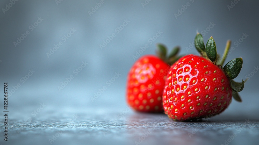 Two ripe strawberries on grey surface, close-up. Food photography Two ripe strawberries on grey surface, close-up. Food photography