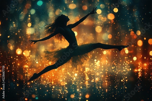 Dancer in Mid-Leap with Bokeh City Lights and Golden Illumination