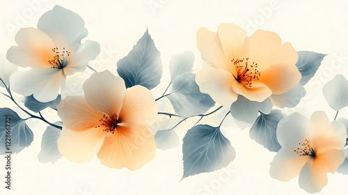 Fototapeta Naklejka Na Ścianę i Meble -  Soft light illuminates delicate peach and blue watercolor flowers elegantly arranged. AI Generated