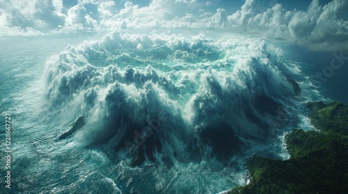 Oceanic Maelstrom: A Tidal Wave Engulfs a Tropical Island photo