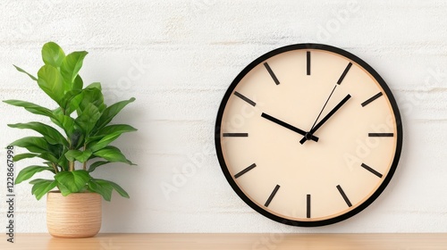 Wallpaper Mural Stylish Wall Clock and Potted Plant on Wooden Table Background Torontodigital.ca