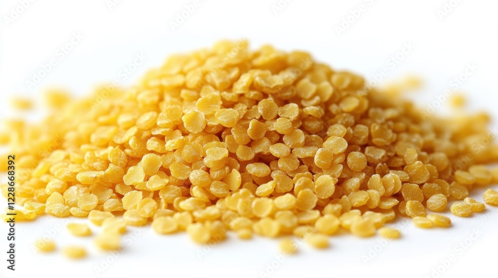 A pile of yellow lentils on a white background. A pile of yellow lentils on a white background.