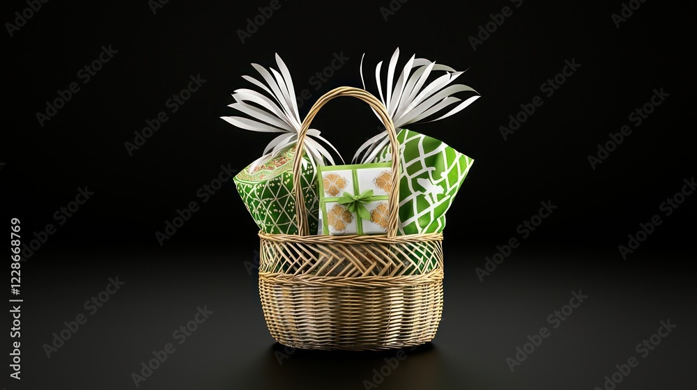 Wicker Basket with Green Wrapped Gifts on Dark Background Wicker Basket with Green Wrapped Gifts on Dark Background
