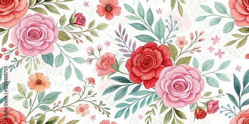 A Seamless Watercolor Floral Pattern Featuring Delicate Roses and Blossoms on a White Background