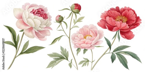 Fototapeta Naklejka Na Ścianę i Meble -  A delicate collection of watercolor peonies in varying shades of pink and red, showcasing blossoms and buds