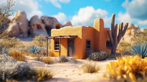 Desert adobe house, sunny day, cacti, rocks.  Western landscape background; ideal for travel brochures