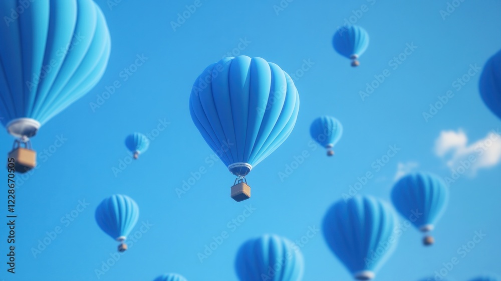 Obraz premium Blue hot air balloons float in clear sky, freedom concept