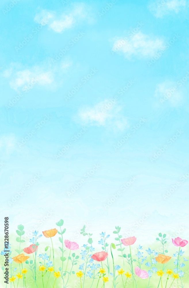 Naklejka premium 晴れ渡る青空の下、春の花々が咲く縦長イラスト。カラフルな花畑の水彩イラスト。