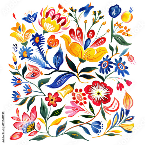 Vibrant Floral Pattern with Colorful Flowers and Leaves Design