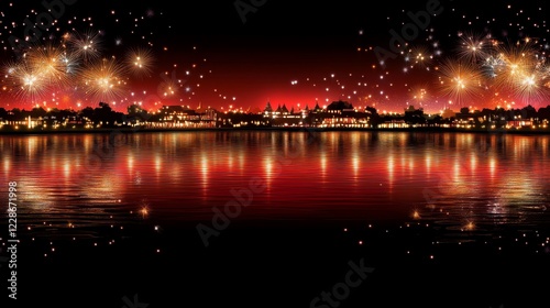 Festive Cityscape Fireworks Night Reflection Water