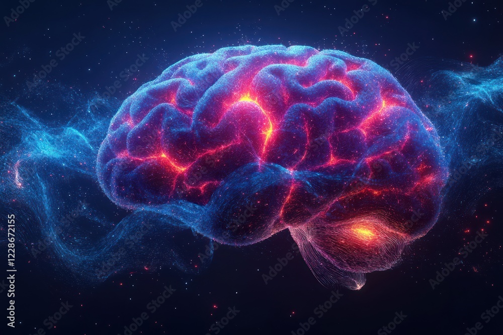 Naklejka premium Cyberpunk Brain Glowing Neural Connections Futuristic Consciousness Intelligence Digital Art