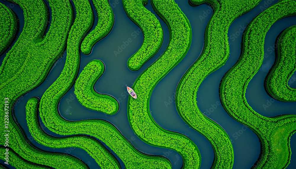 Fototapeta premium Aerial View of Green Rice Terraces with Boat