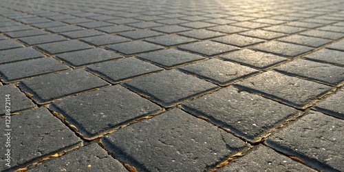 A Perspective View of a Dark Grey Pavement Composed of Square Blocks with Subtle Textural Details and Hints of Dried Foliage in the Interstices
