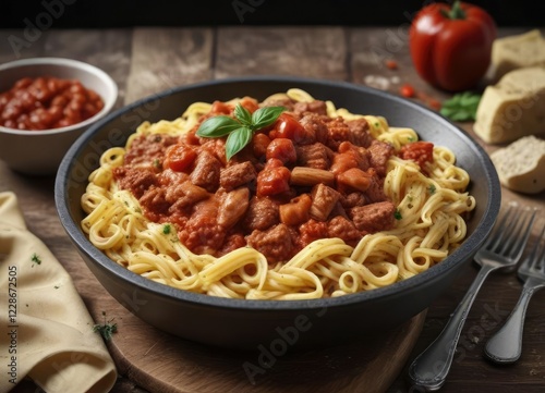 Hearty bowl of pasta with rich meat and tomato sauce, savory sauce, Italian cuisine photo