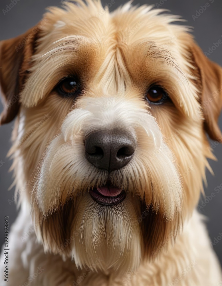 Irish Soft Coated Wheaten Terrier's white and brown fur in close-up with loose strands framing the face, dog coat, Irish Soft Coated Wheaten Terrier's white and brown fur in close-up with loose strands framing the face, dog coat,