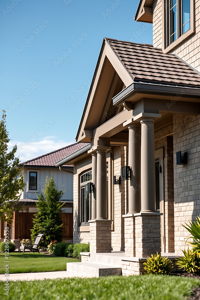 Fototapeta premium Luxury House Exterior: Modern Brick Home with Columns and Porch. Beautiful Residential Architecture and Landscaping.