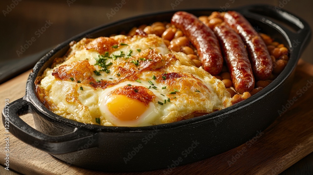 Hearty Breakfast Platter with Baked Eggs, Sausages, and Baked Beans in a Cast Iron Dish Hearty Breakfast Platter with Baked Eggs, Sausages, and Baked Beans in a Cast Iron Dish