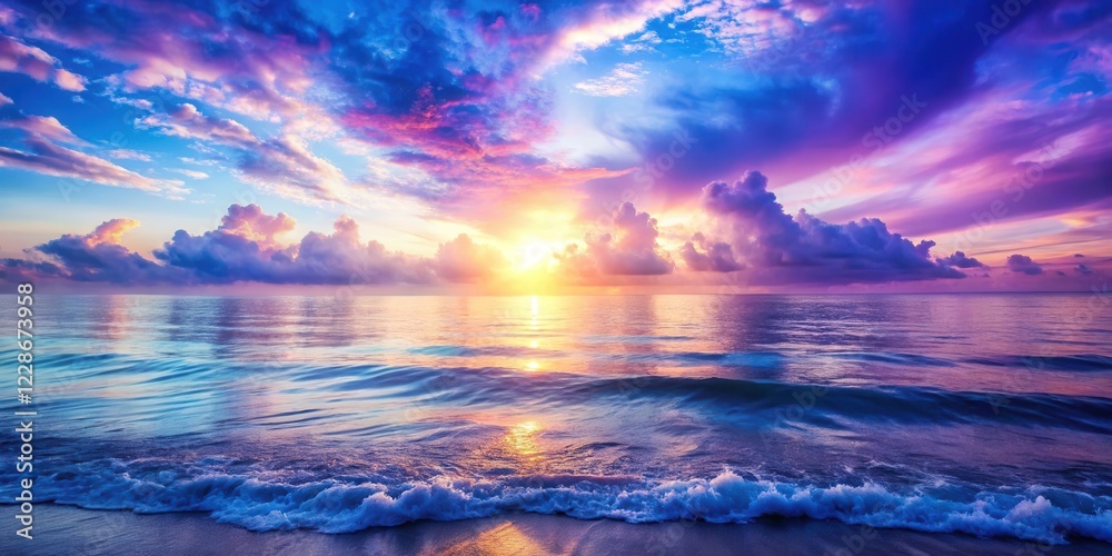Obraz premium Softly glowing dawn light filters through misty clouds against a vibrant blue and purple ocean landscape at sunrise, Morning atmosphere, Dreamy effect