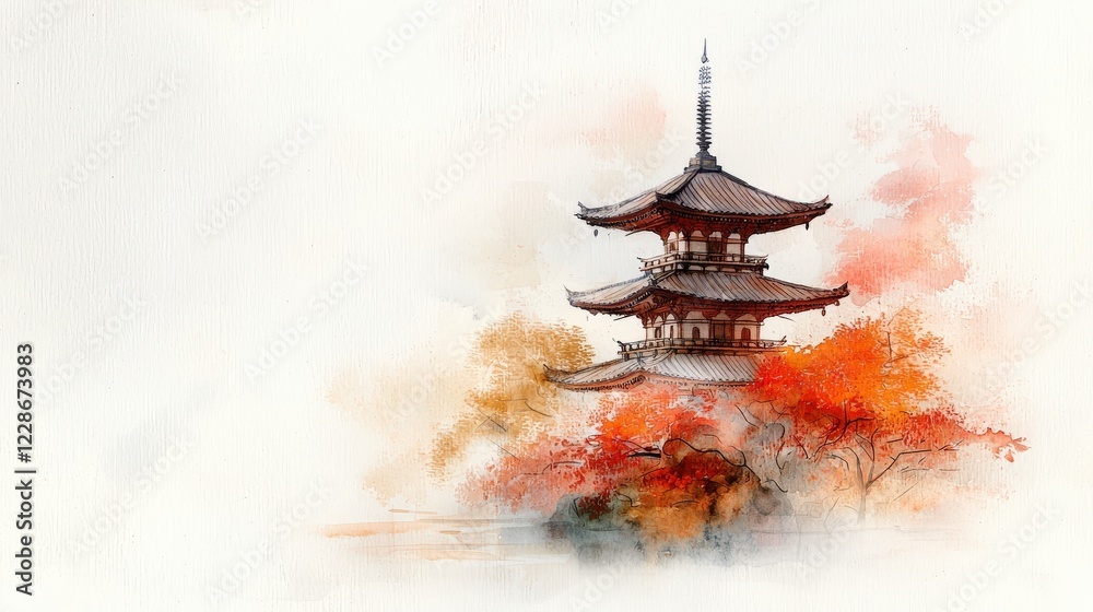 Tranquil Autumn Scene with Traditional Pagoda Surrounded by Vibrant Red and Orange Leaves in Soft Watercolor Style Tranquil Autumn Scene with Traditional Pagoda Surrounded by Vibrant Red and Orange Leaves in Soft Watercolor Style
