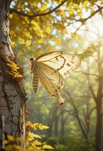 Large cream-colored tiger moth resting on a curved branch of a deciduous tree in a sunny woodland clearing , Wildlife, Tiger Moth photo