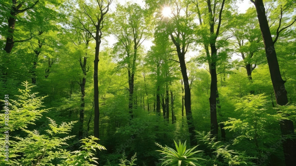 Lush green forest with sun shining through the trees creating a beautiful panoramic view in the summertime, lush, forest Lush green forest with sun shining through the trees creating a beautiful panoramic view in the summertime, lush, forest