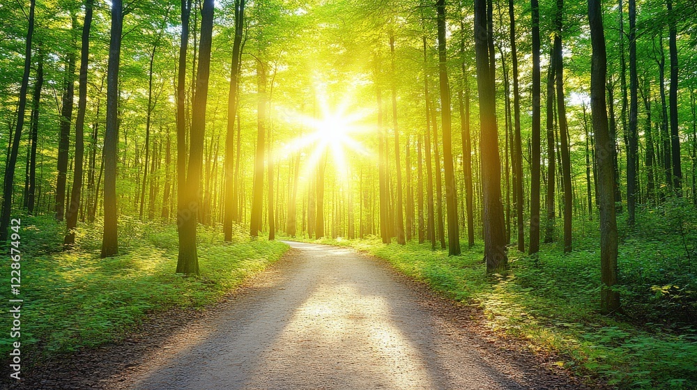 Naklejka premium Sunlight streaming through lush green trees on a serene forest path with vibrant foliage
