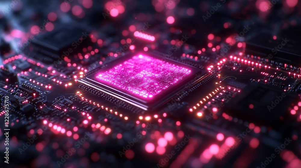 Glowing pink CPU on circuit board. Glowing pink CPU on circuit board.